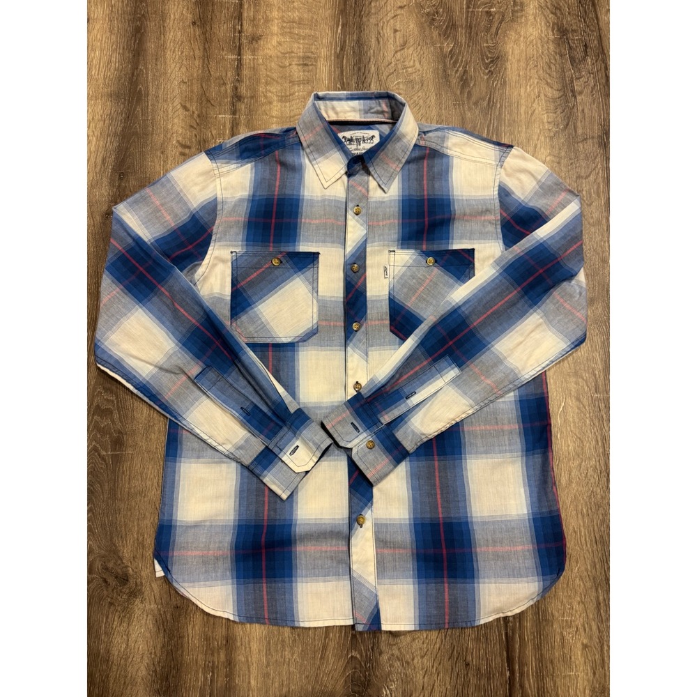 Levis Strauss & Co Mens Small Blue White Plaid Button Down Shirt Two Horse Brand